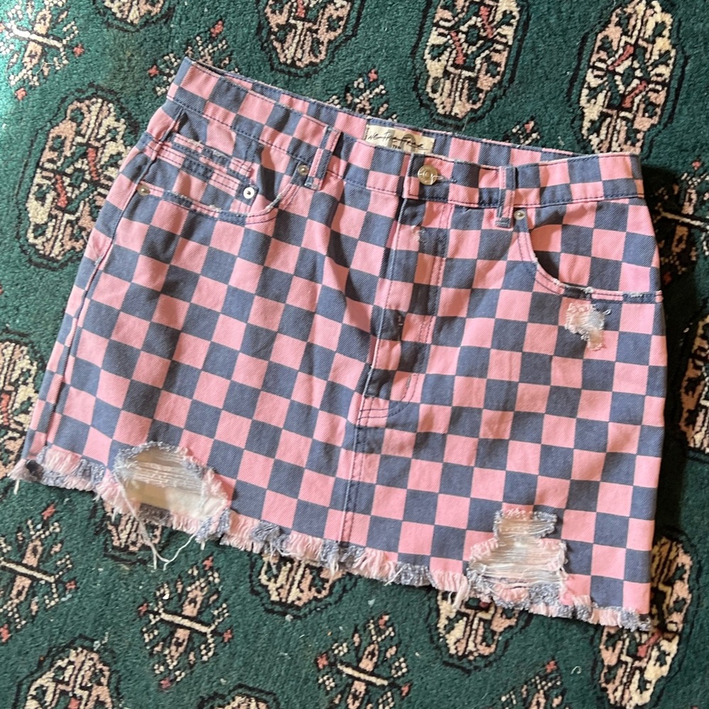 Free People checkered pink and blue Jean mini skirt